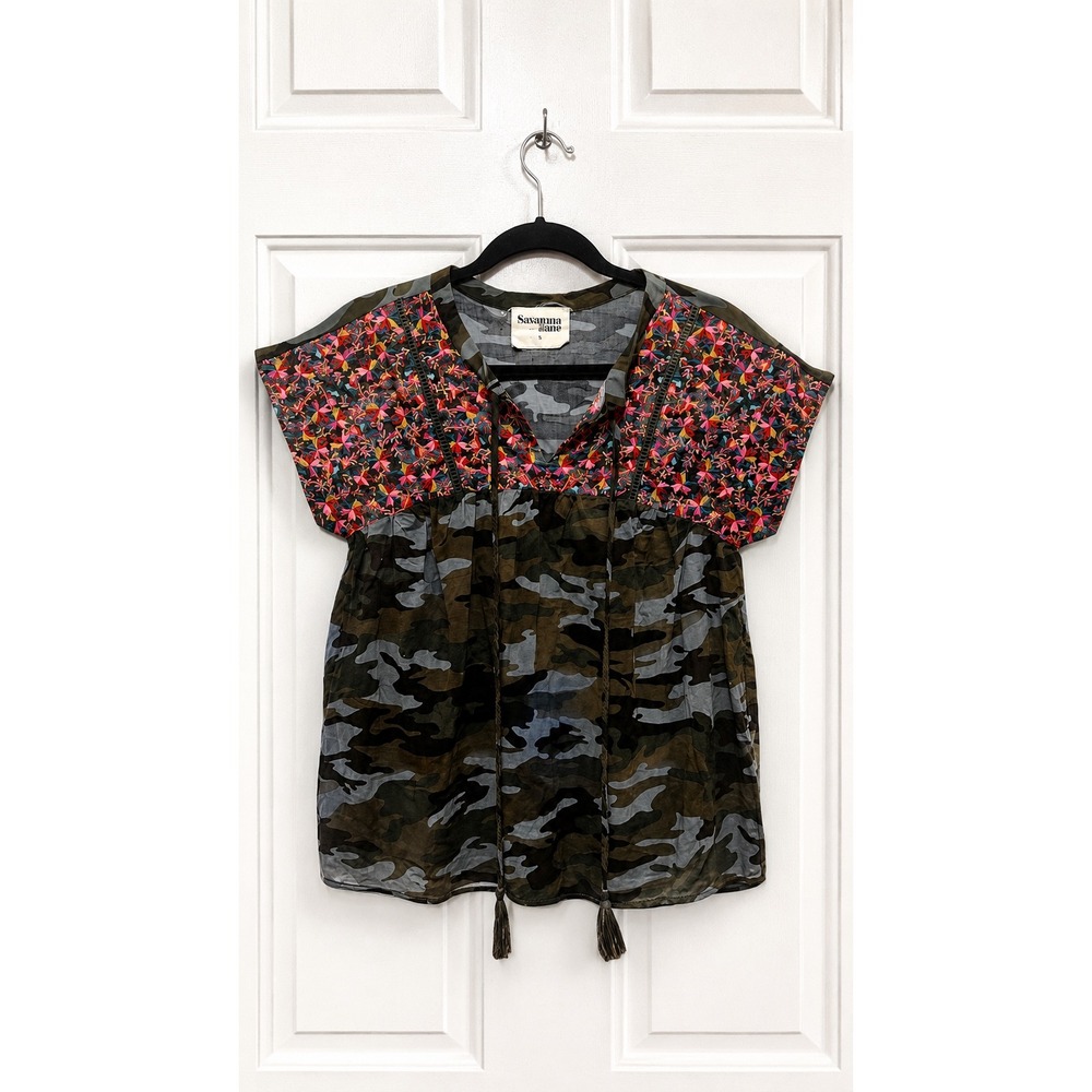 Savanna Jane Camo Floral Embroidered Tassel Top Small Green Pink 18398-C